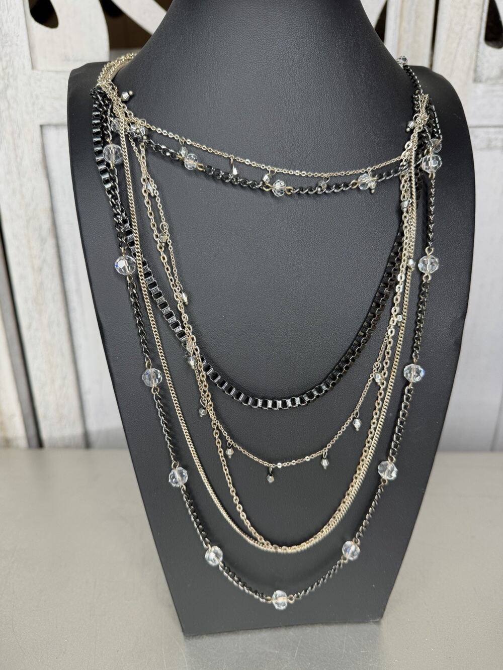 Multi Chain Beaded Long NECKLACE Boho Glam Silver Black Draped